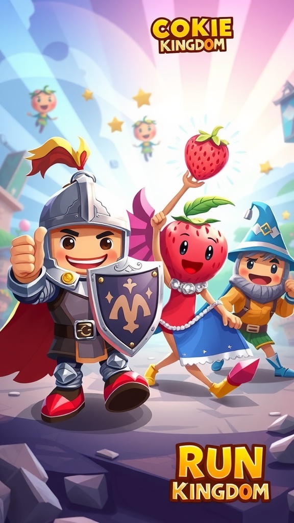 Illustration of Cookie Run Kingdom characters including Knight Cookie, Wizard Cookie, and Strawberry Cookie, each showcasing their unique abilities.